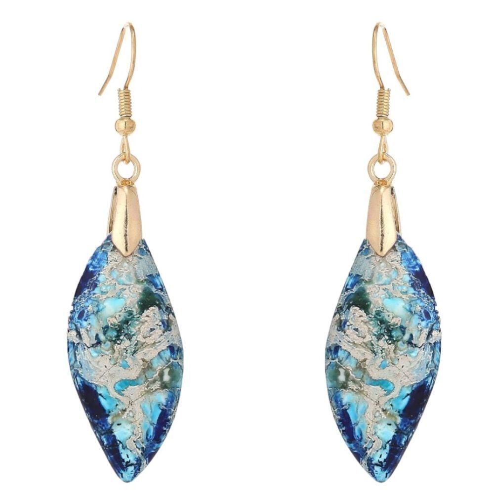 18K Yellow Gold with Natural Imperial Blue Jasper Stone Dangling Hook Earrings